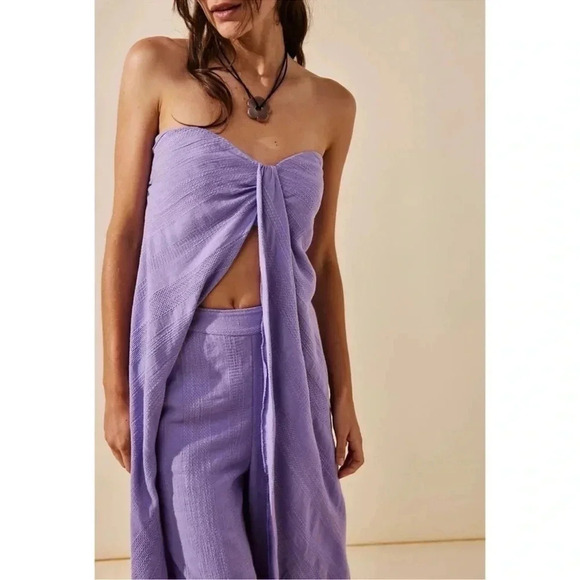 New Free People Banita Set Two Piece Pants Top Linen Blend Lavender Purple XS - Picture 3 of 15